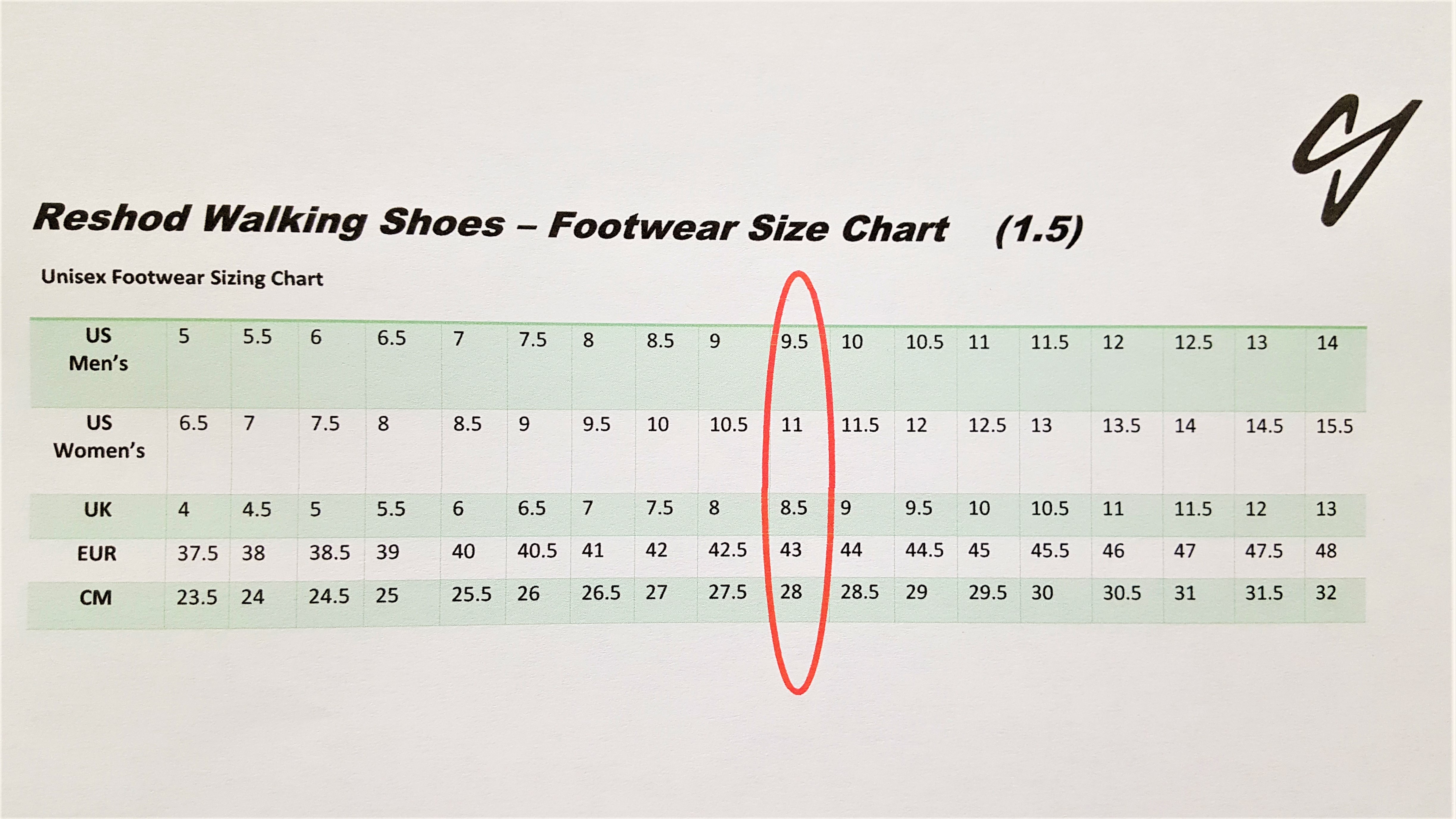 Size Charts Reshod Walking Shoes