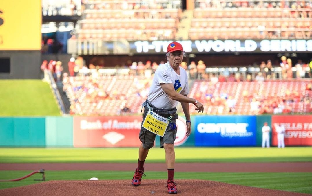 Reshod Walking Shoes Customer Throws Out the First Pitch at the Cardinals vs. Reds Game in St. Louis