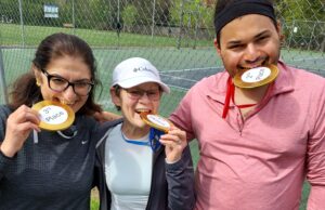 Top 3 winners of the race, wearing their chocolate medals.